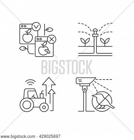 Automated Systems In Agriculture Linear Icons Set. Irrigation System. Agricultural Modernization. Cu