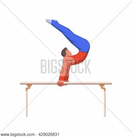 A Gymnast With An Athletic Physique Performs On Parallel Bars, Athlete Shows Static Hold Skill With 