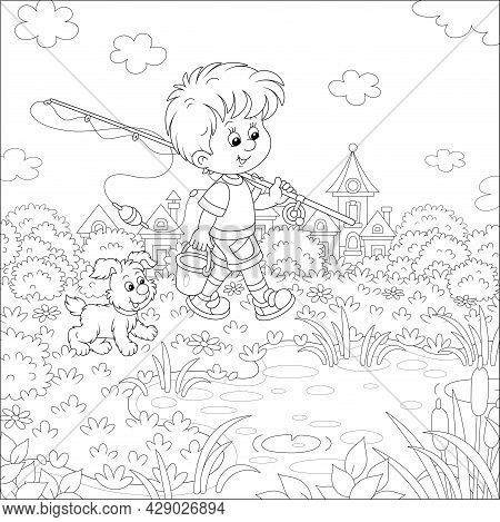 Cheerful Little Boy Fisherman Going Angling With His Fishing Rod And A Bucket, Together With A Merry