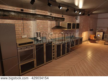 3d Rendering Of An Old Industrial Style Apartment Interior