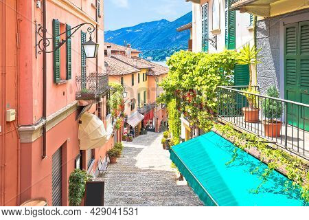 Belaggio. Colorful Narrow Street Of Belaggio, Town On Como Lake, Lombardy Region Of Italy