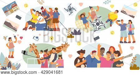 Set Of People Taking Selfies In Different Locations Flat Vector Illustration