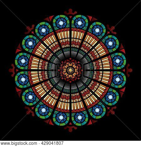Circle Multicolored Stained Glass Mosaic Window Of The Cathedral Flat Vector Illustration