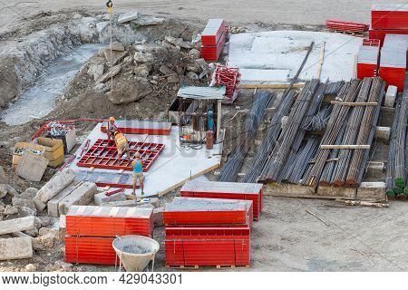Closeup Of House Foundation Made From Concrete Shuttering Blocks Filled With Mortar And Reinforcemen