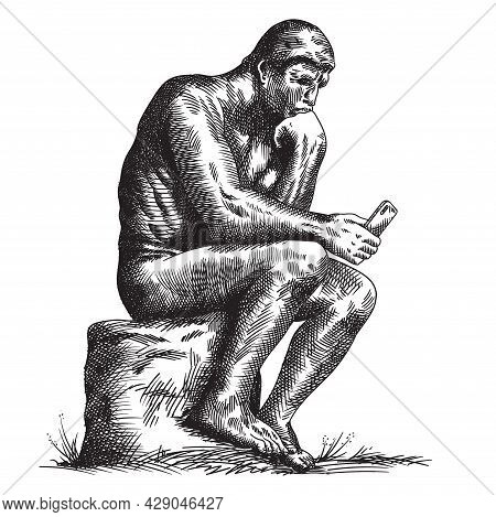 Statue Of The Sculptor Rodin Thinker With A Smartphone In His Hands.