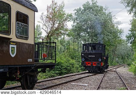 Neuf-brisach, France, June 27, 2021 :locomotive Leaves. Volunteers Operates Old Steam Or Electric Lo