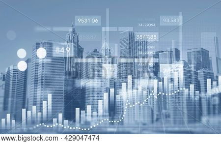 Panoramic View Of New York Financial Downtown With Illustration Of Bar Diagrams And Chart In The For