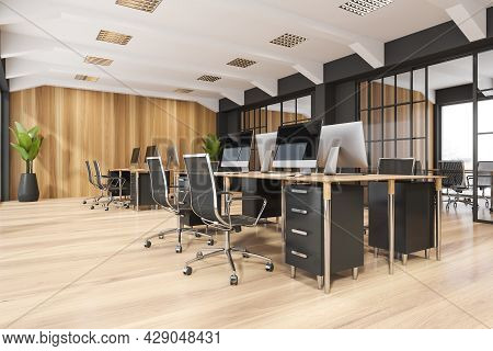 Company Interior With Two Desks, Having Four Places For Work Each, Wooden And Silver Details, Parque