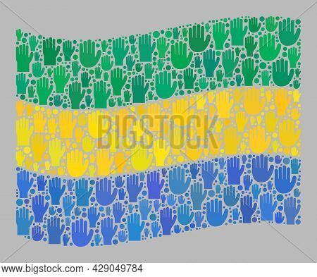 Mosaic Waving Gabon Flag Constructed With Upwards Solution Palm Items. Vector Voting Mosaic Waving G