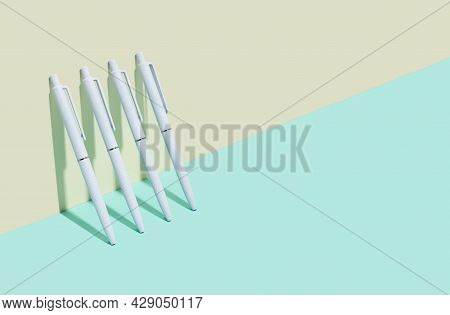School And Office Supplies On Isometric Diagonal Proection Background. Minimum Set In Ivory, Blue, T