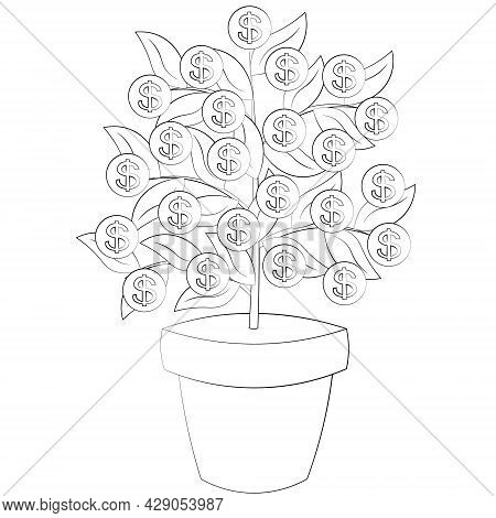 Single Element Money Tree. Draw Illustration In Black And White