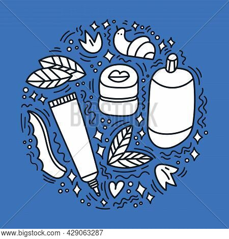 Korean Cosmetics Sketch Drawing. Composition With Doodle Elements On Blue Background. Cream, Tonic, 