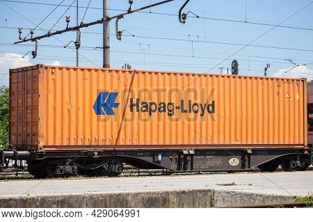 Ljubljana, Slovenia - June 16, 2021: Logo Of Hapag Lloyd On A Container On A Freight Train. Hapag Ll