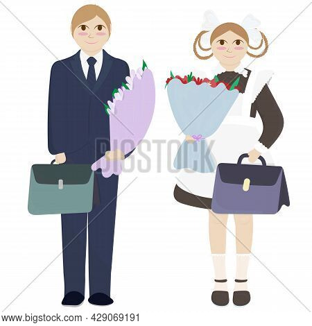First Graders In Full Dress - Boy And Girl With A Briefcase And A Bouquet Of Flowers, Back To School