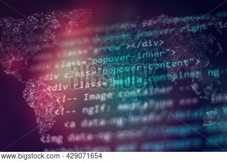 Seo Optimization. Modern Tech. Php Syntax Highlighted. Writing Programming Functions On Laptop.