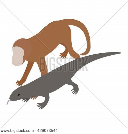 Exotic Animal Icon Isometric Vector. Brown Little Monkey And Gray Monitor Lizard Icon. Wildlife, Zoo