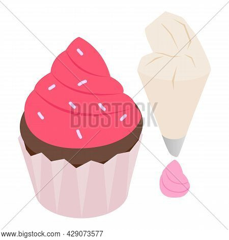 Cupcake Decoration Icon Isometric Vector. Chocolate Cupcake And Pastry Bag. Dessert, Pastry, Confect