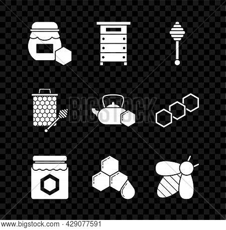 Set Jar Of Honey, Hive For Bees, Honey Dipper Stick, Honeycomb, Bee, With Stickicon And Tea Kettle I