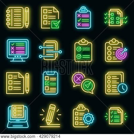 Assignment Icons Set. Outline Set Of Assignment Vector Icons Neon Color On Black