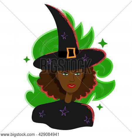 Black Woman Witch Portrait In Hat. Halloween Witch Female Avatar In Cartoon Flat Style. Magican Blac