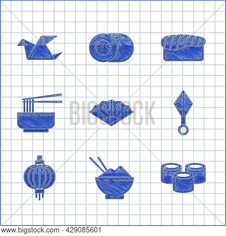 Set Paper Chinese Or Japanese Folding Fan, Rice Bowl With Chopstick, Sushi, Japanese Ninja Shuriken,