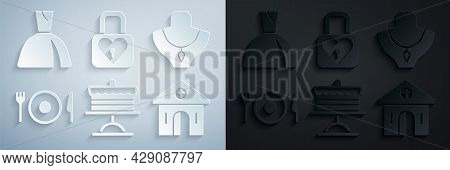 Set Cake On Plate, Necklace Mannequin, Plate, Fork And Knife, Church Building, Lock Heart And Woman 