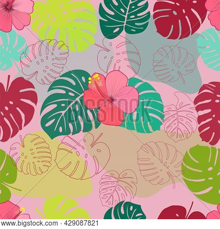 Closeup Of Monstera Leaves For Fabric Design. Tropical Jungle Leaves Seamless Pattern.