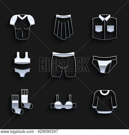 Set Cycling Shorts, Bra, Sweater, Men Underpants, Socks, Swimsuit, Shirt And T-shirt Icon. Vector