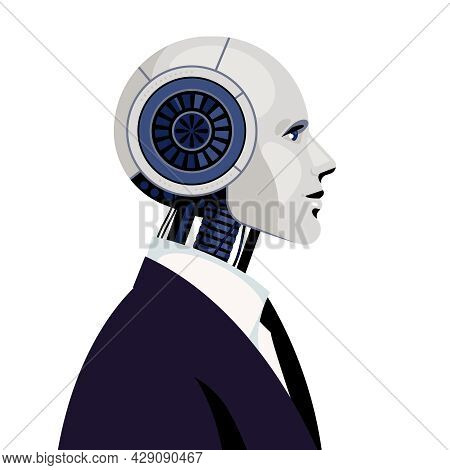 Cyborg. Male Robot In Black Business Suit. Concept Of Robotization, The Replacement Of Human Labor. 