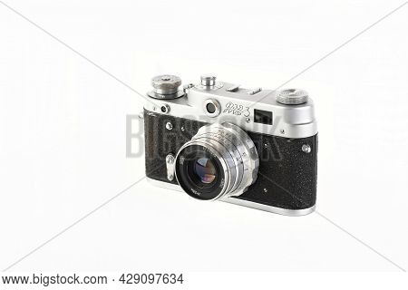 Moscow, Russia, August 07, 2021. The Old Soviet 35 Mm Film Rangefinder Camera Fed-3, Released 1963 O