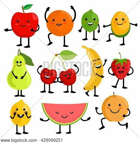 Fruits For Kids. Cute Fruit Characters Vector Illustration, Healthy Juice Cartoon Kawaii Summer Frui