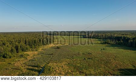 Lesna River Valley To East In Sunset Aerial, Bialowieza Forest, Poland, Europe