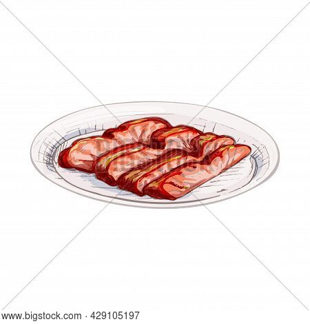 Char Siu On Plate. Vintage Vector Hatching Color Hand Drawn Illustration Isolated On White Backgroun