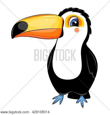 A Cute Cartoon Toucan With A Large Yellow Beak. Vector Illustration Of An Animal On A White Backgrou