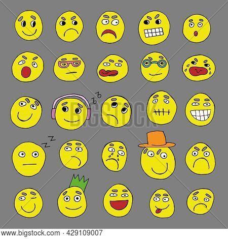 Set Of Vector Faces With Different Emotions Isolated On A White Background. Flat Cartoon Style Suita