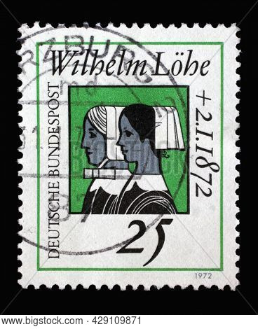 ZAGREB, CROATIA - JUNE 27, 2014: Stamp printed in Germany showing Deaconess sisters, Death Centenary of Wilhelm LÃ¶he, founder of the Deaconesses Training Institute at Neuendettelsau, circa 1972