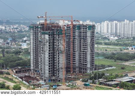 Aerial View Of New Building Construction In Dwarka Expressway, Construction Of A Building With Crane