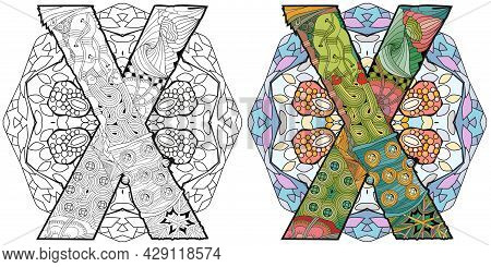 Hand-painted Art Design. Adult Anti-stress Coloring Page. Black And White Hand Drawn Illustration Ma