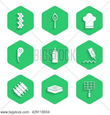 Set Sauce Bottle, Steak Meat, Barbecue Steel Grid, Grilled Pork Bbq Ribs, Rib Eye Steak, Chef Hat An