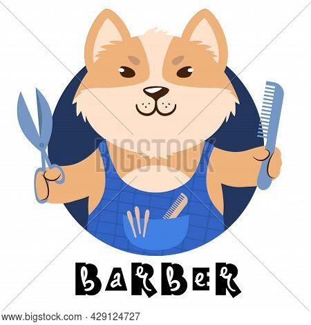 Vector Illustration Of A Cute Cartoon Dog Holding Scisors And Comb Signed Barber.