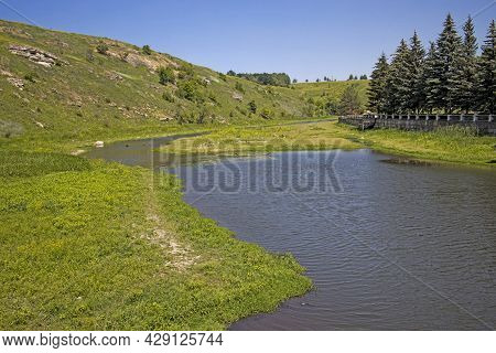 Panoramic View Of The Landscape Around The Abandoned Mill On The Bank Of The Vorgol River In The For