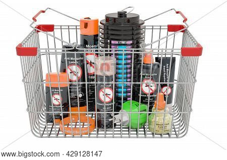 Shopping Basket With Insect Repellent Products And Lamp Mosquito Electric Insect Killer. 3d Renderin