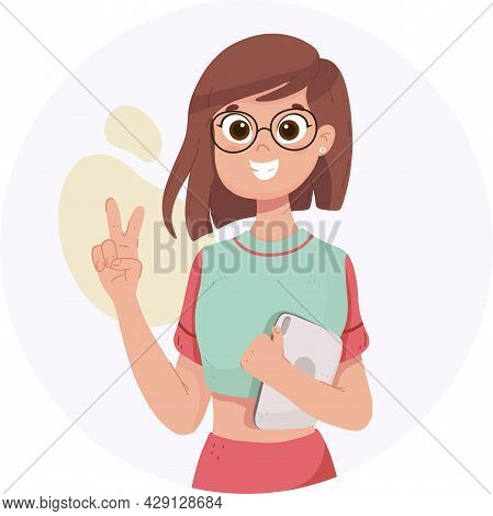 A Student With Glasses Shows A Peace Sign. A Girl With A Short Haircut. Blogger With Tablet. Vector 