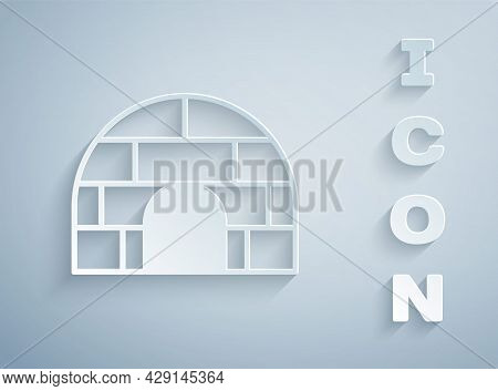 Paper Cut Igloo Ice House Icon Isolated On Grey Background. Snow Home, Eskimo Dome-shaped Hut Winter