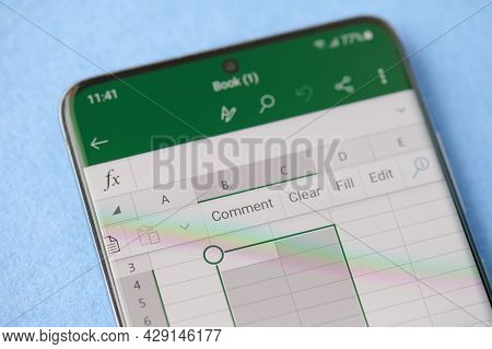 New York, Usa - June 28 2021: Commenting Document In Microsoft Excel  On Smartphone Screen Close Up