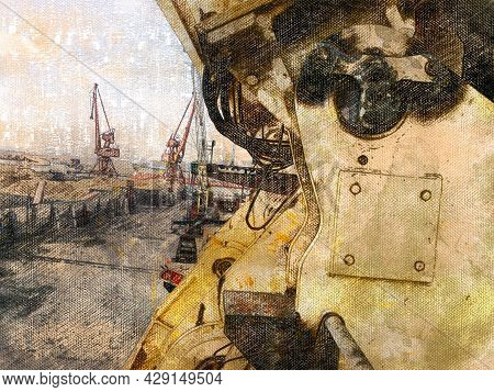 Digital Art. Industrial Background. Assemblies And Mechanisms Of A Gantry Crane. The Place Of Connec