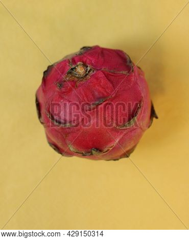 Single Pink Textured Pitaya On Yellow Background With Copy Space