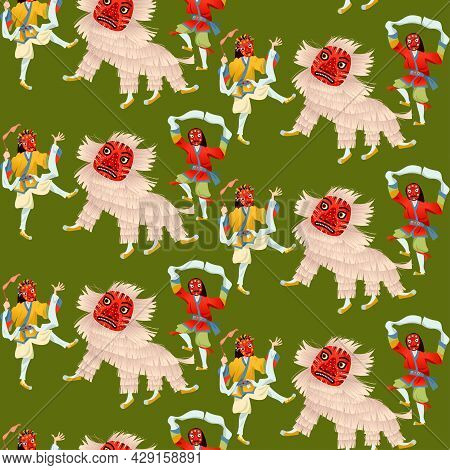 Talchum. Traditional Ritual Korean Mask Dance. Lion Dance. Seamless Background Pattern. Vector Illus