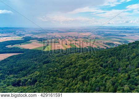 Aerial View Of Beautiful Landscape In Mountains With Forest. Sleza Mountain Near Wroclaw In Poland. 