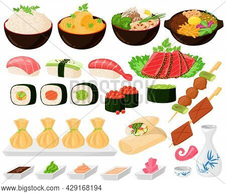 Cartoon Asian Traditional Korean, Japanese, Chinese Food. Asian Street Food, Noodles Sushi Sashimi R
